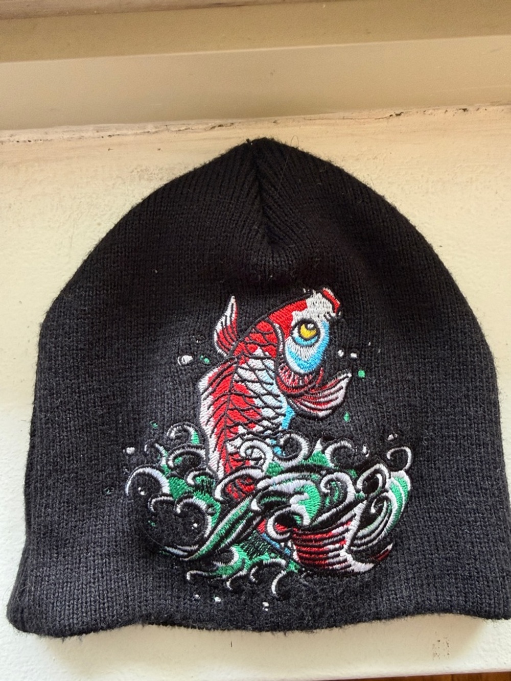 Ed Hardy Black Beanie with Red Koi and Green Wave Embroidery